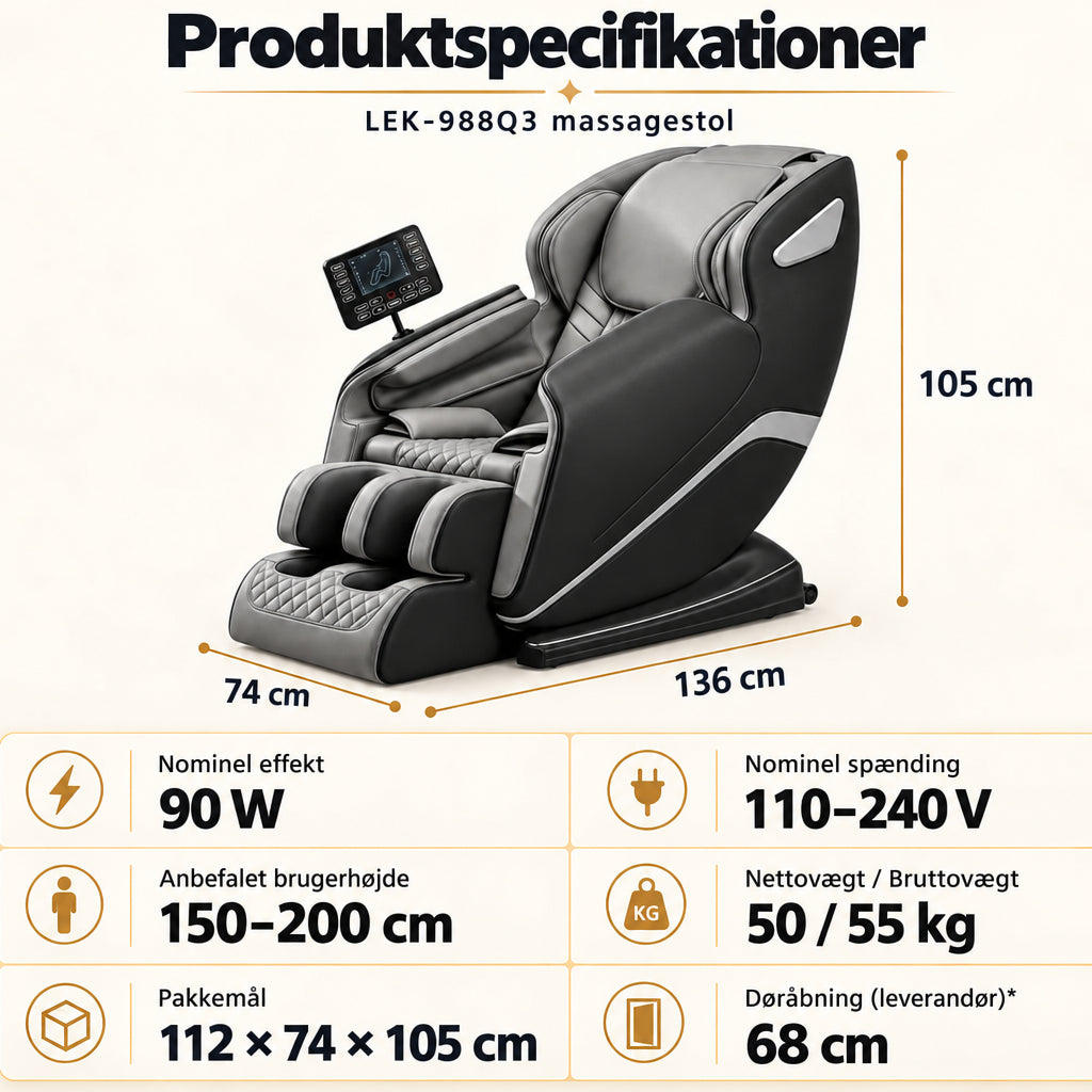 Massagestol 8D – Zero Gravity, lufttryksmassage, Varme v/læn og legge – Model LEK-988Q3