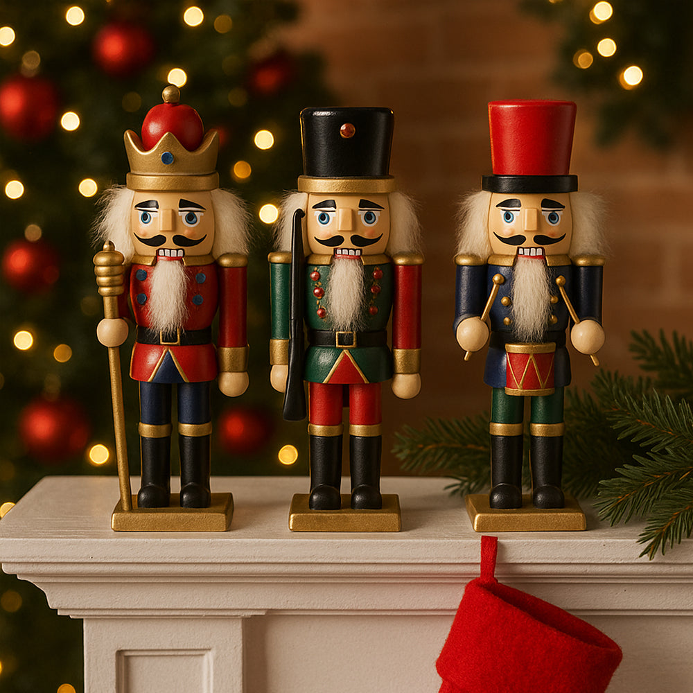 Nøddeknækker figurer i Træ - 15 cm, sæt med 3 figurer -