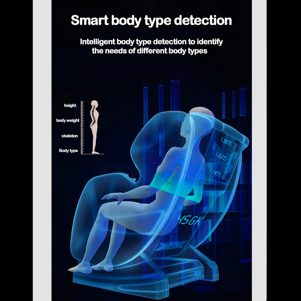 Massagestol 4D med SL-teknologi, lufttryksmassage, Varmeterapi og stor touchskærm - Model A6 Sort