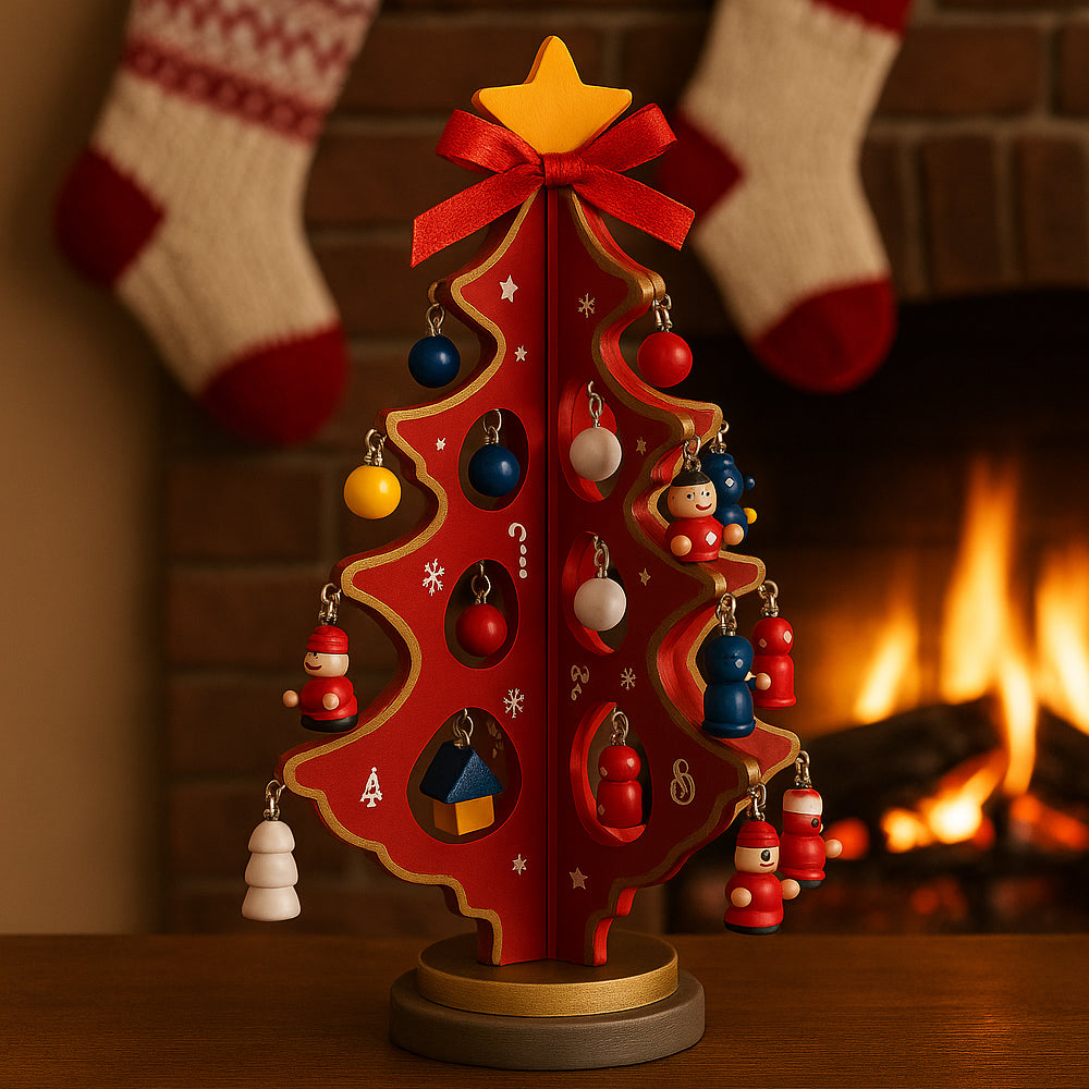 Juletræer m/sløjfe i træ – hver med 20 håndmalede figurer, rød eller grøn (Højde 20,5 cm.)