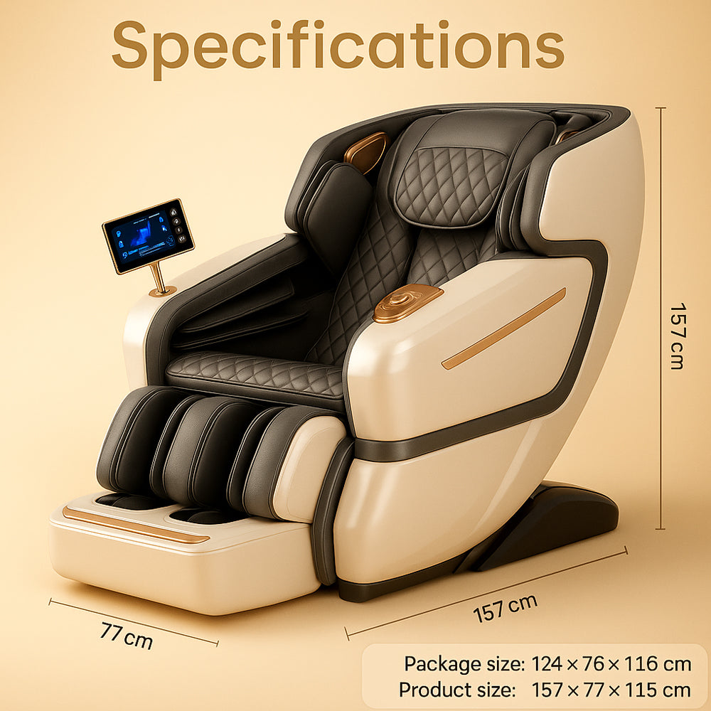 Massagestol 4D Luksus Pro+ med SL-teknologi, Varmeterapi, Stemme Kontrol & Touchskærm - Model M5 hvid