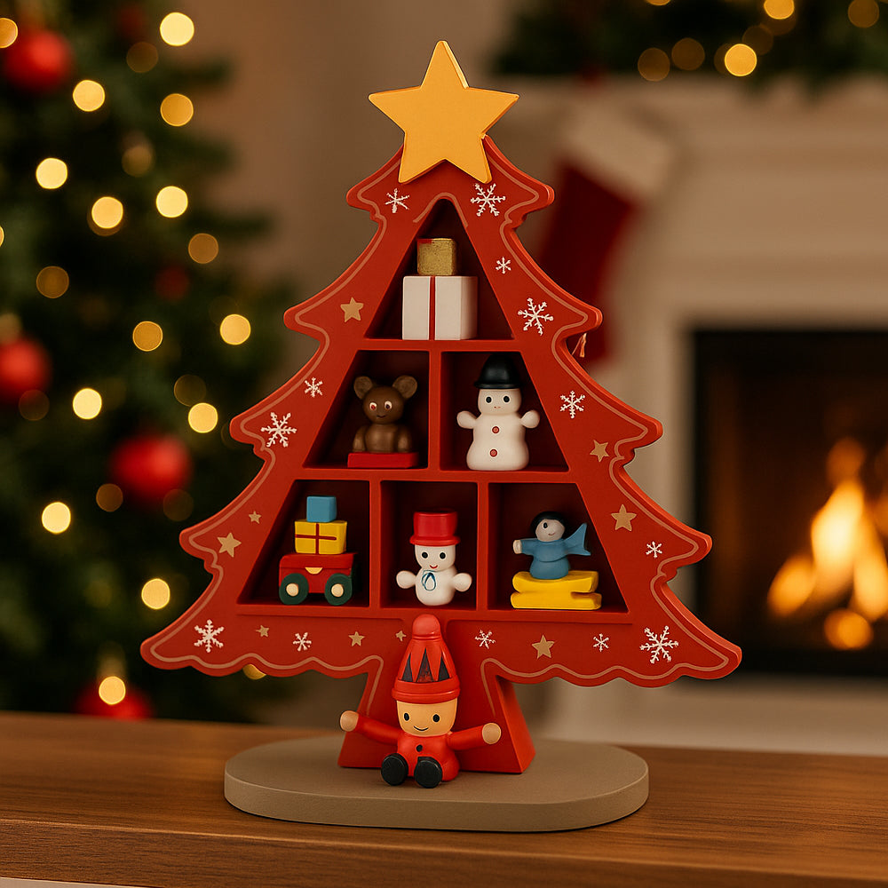 Juletræer i træ – hver med 7 håndmalede figurer, rød eller grøn (Højde 18,5 cm.)