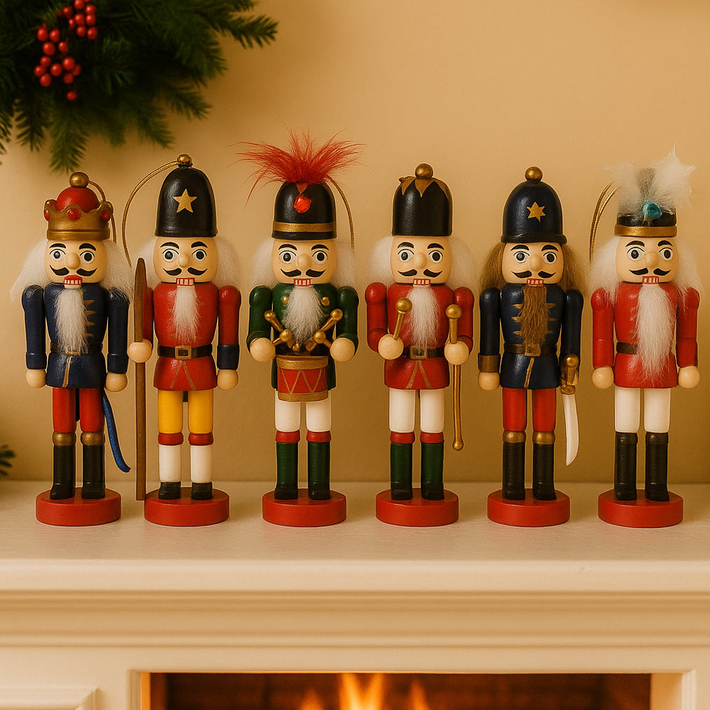 Nøddeknækker figurer i Træ - 12,5 cm, sæt med 6 figurer -