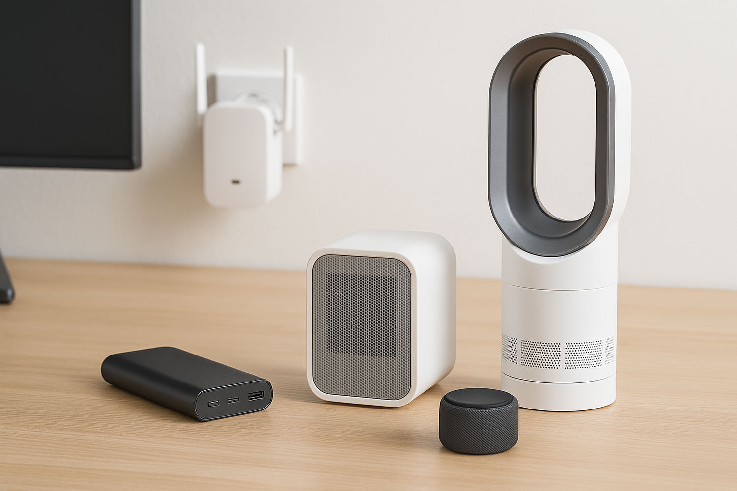 Elektronik og gadgets fra Satana.dk – bladfri ventilator, powerbank, Bluetooth-højttaler og WiFi-forlænger til smart hverdagsteknologi