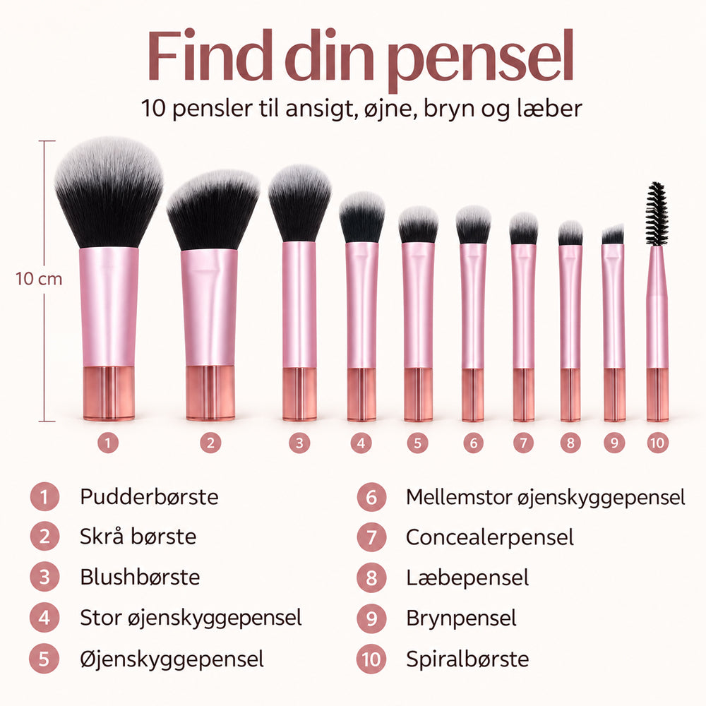Makeupbørstesæt med 10 børster og lyserødt rejseetui