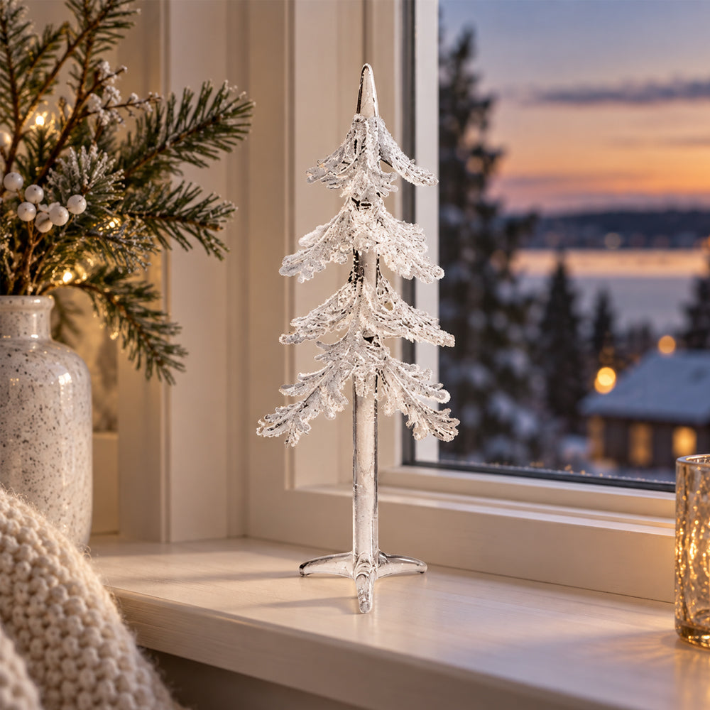 Elegant Glasjuletræ 22 cm m/sne – Transparent Juledekoration