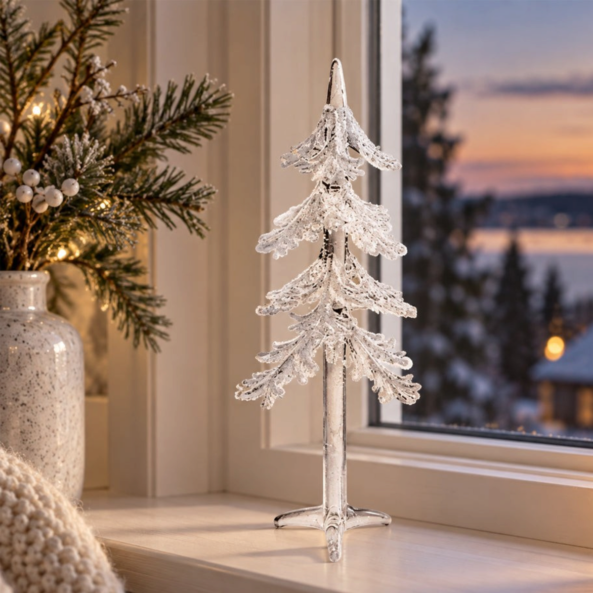 Satana.dk transparent glasjuletræ på 22 cm med sneeffekt, placeret i en lys vindueskarm som elegant julepynt.