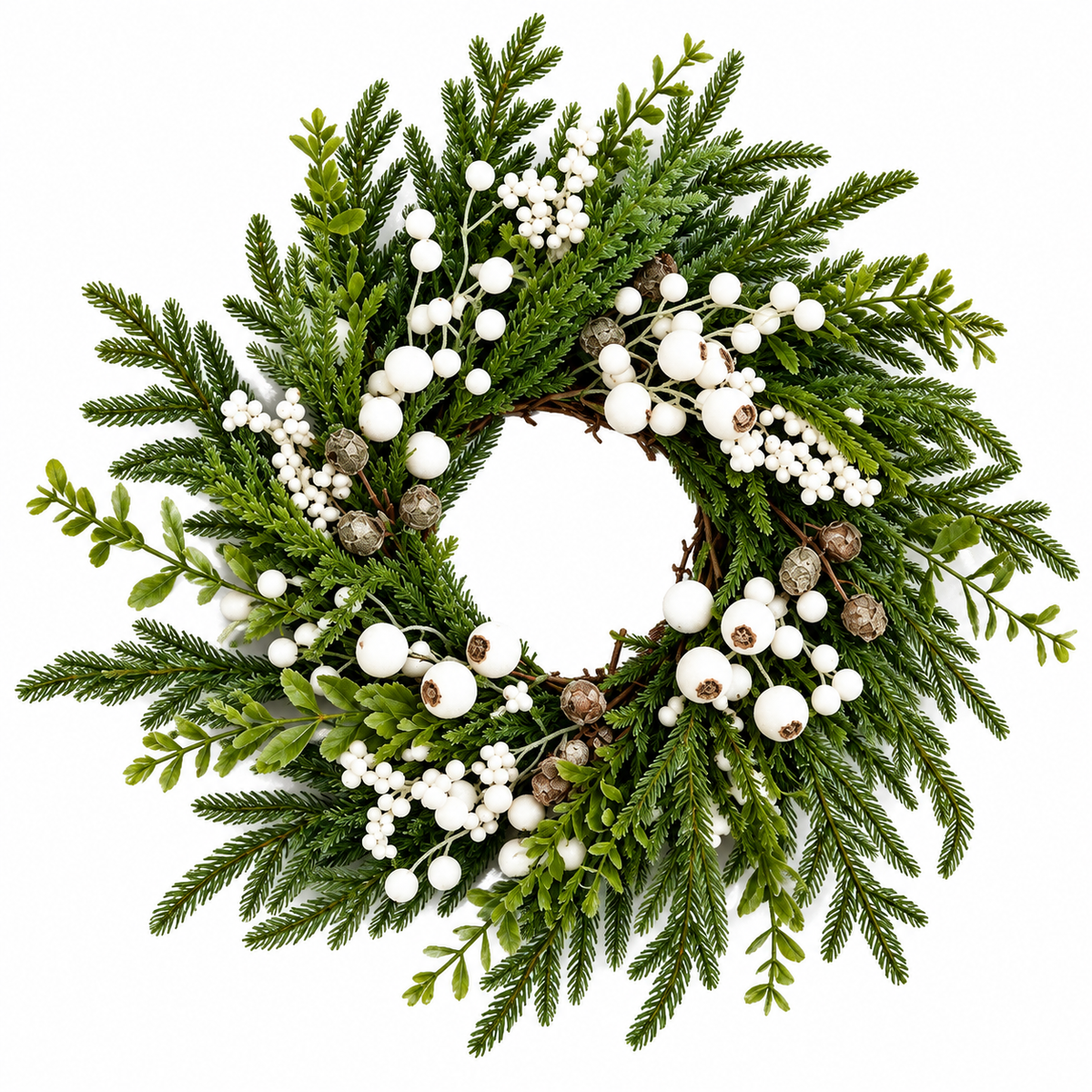 Julekrans - Naturtro grøn med Hvide bær - 50 cm