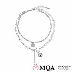 Halskæde dobbelt, sølvfarvet, kugler og perler, justerbar