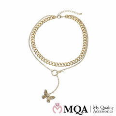 Halskæde guldfarvet, dobbelt, m/sommerfugl med glitrende sten, justerbar