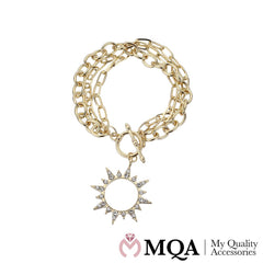 Armbånd, guldfarvet, 3-i-1, sol m/glitrende sten, toggle lås
