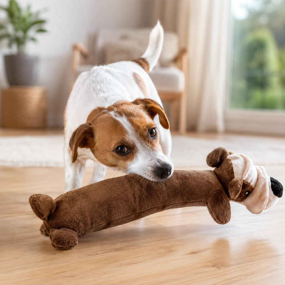 Blødt plyslegetøj til hund og kat – med piv og knitrelyd