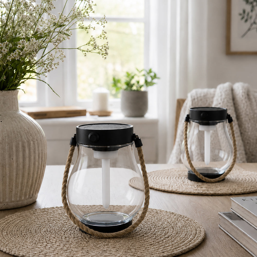 Solcellelanterne Ø12 cm m. flammeeffekt-lys og hampreb (klart glas)