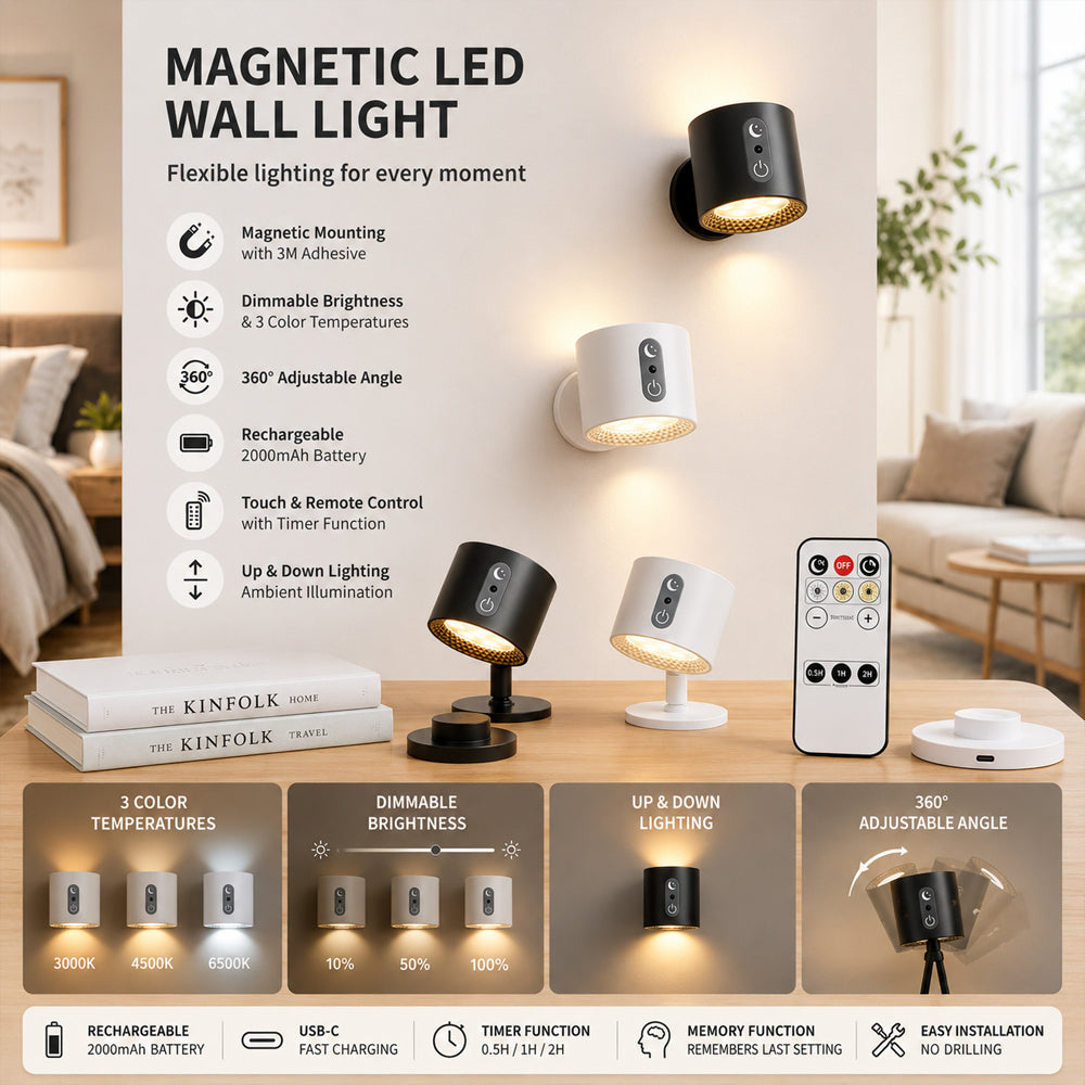 LED natlampe 360° roterbar, magnetisk, 3 farvetemperaturer - hvid eller sort