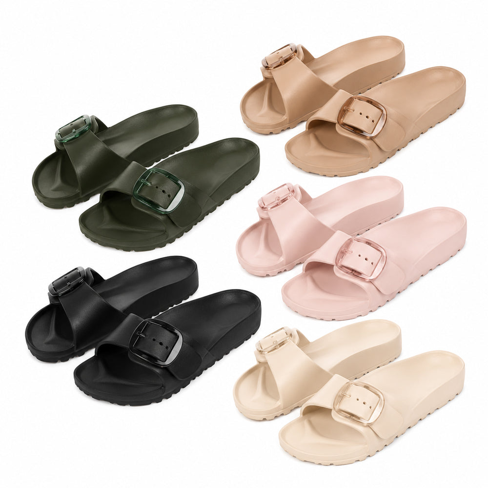 Lækre og moderigtige slippers med spænde – superlette, behagelige sandaler til kvinder