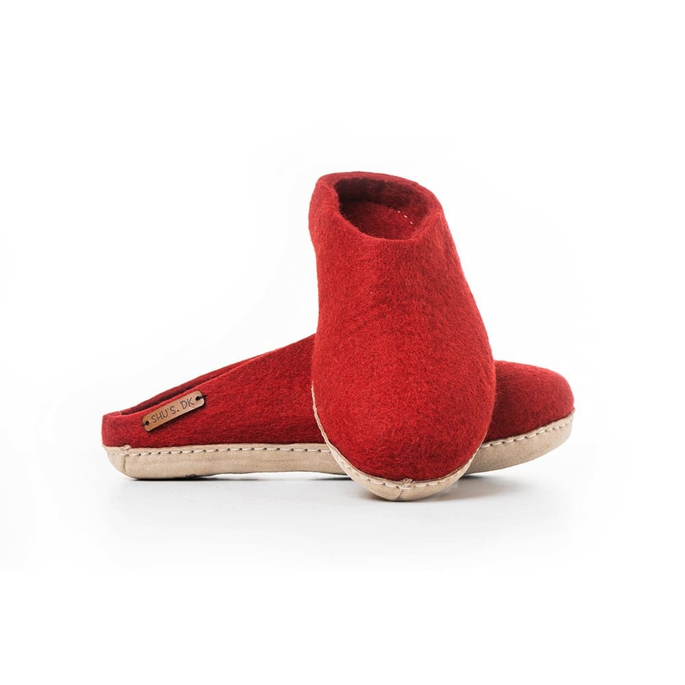 Uldtøffel (100% ren uld) - Model Rød m/sål i skind - Dansk Design fra SHUS