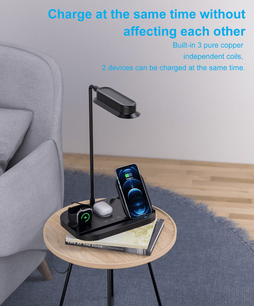 LED-bordlampe m/lysdæmper & trådløs oplader til smartphones (4-i-1)