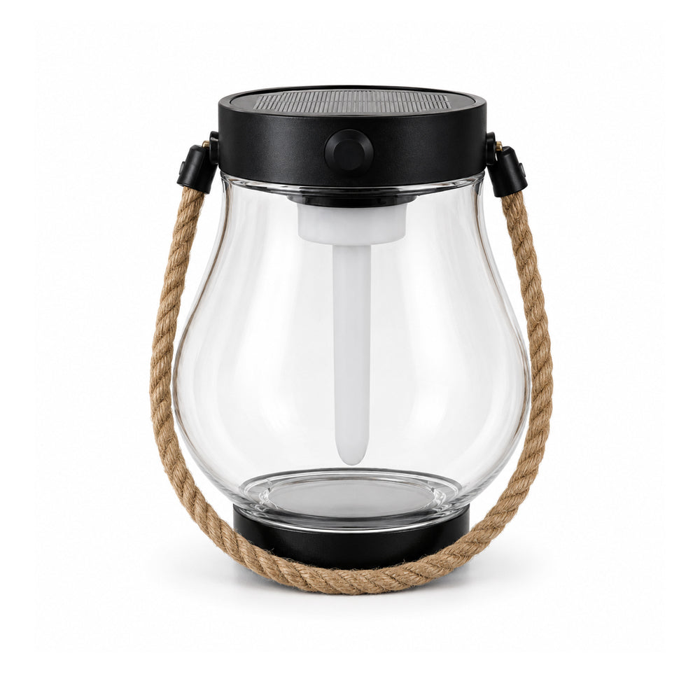 Solcellelanterne Ø12 cm m. flammeeffekt-lys og hampreb (klart glas)