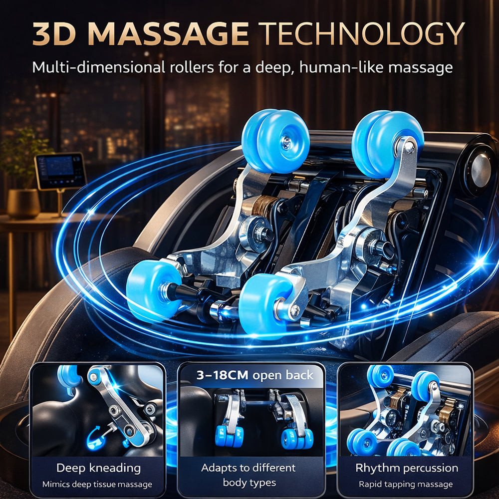 Massagestol 3D med kropsscanning, SL-skinne, lufttryksmassage, varme i ben/lænd & Zero Gravity