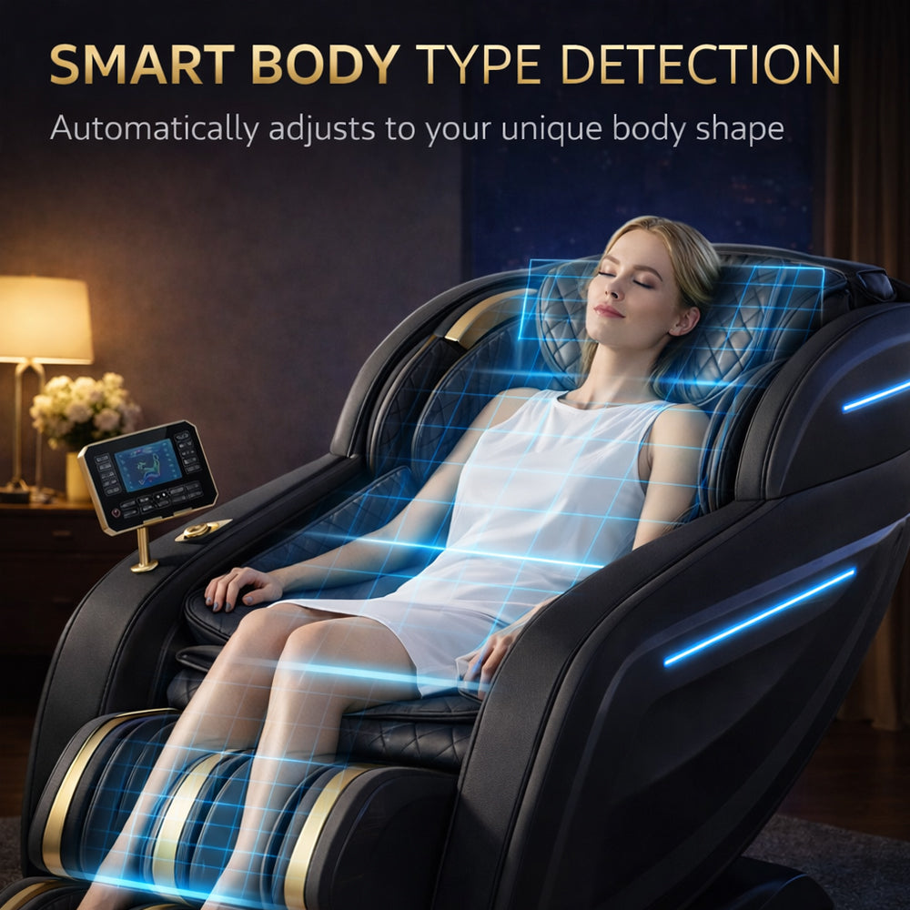 Massagestol 3D med kropsscanning, SL-skinne, lufttryksmassage, varme i ben/lænd & Zero Gravity