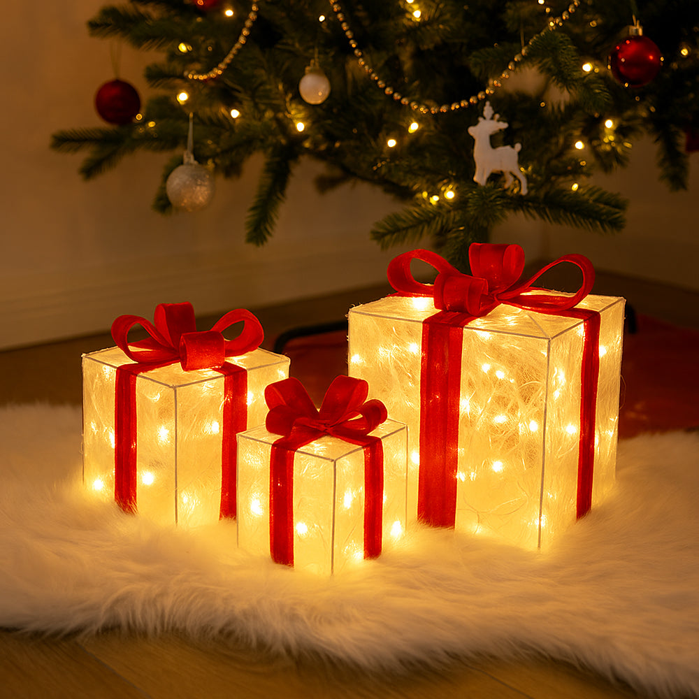 LED-Gaveæske, Gennemsigtige m/røde sløjfer-  Sæt med 3 stk. -