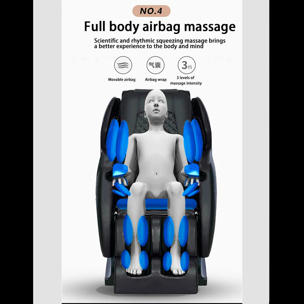 Massagestol 4D med SL-teknologi, lufttryksmassage, Varmeterapi og stor touchskærm - Model A6 Sort