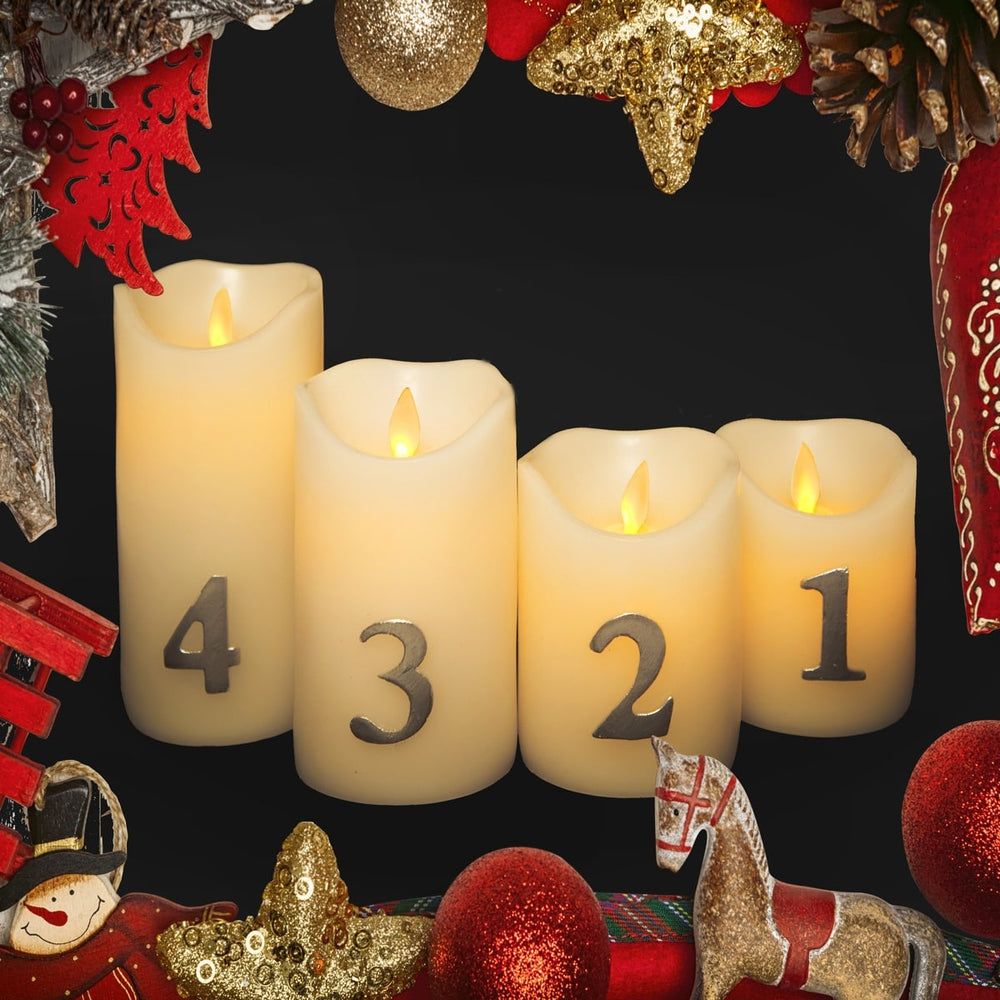 Adventslys LED m/timer og fjernbetjening - 4 stk. - 9/10/12,5/15 cm - m/3D flamme