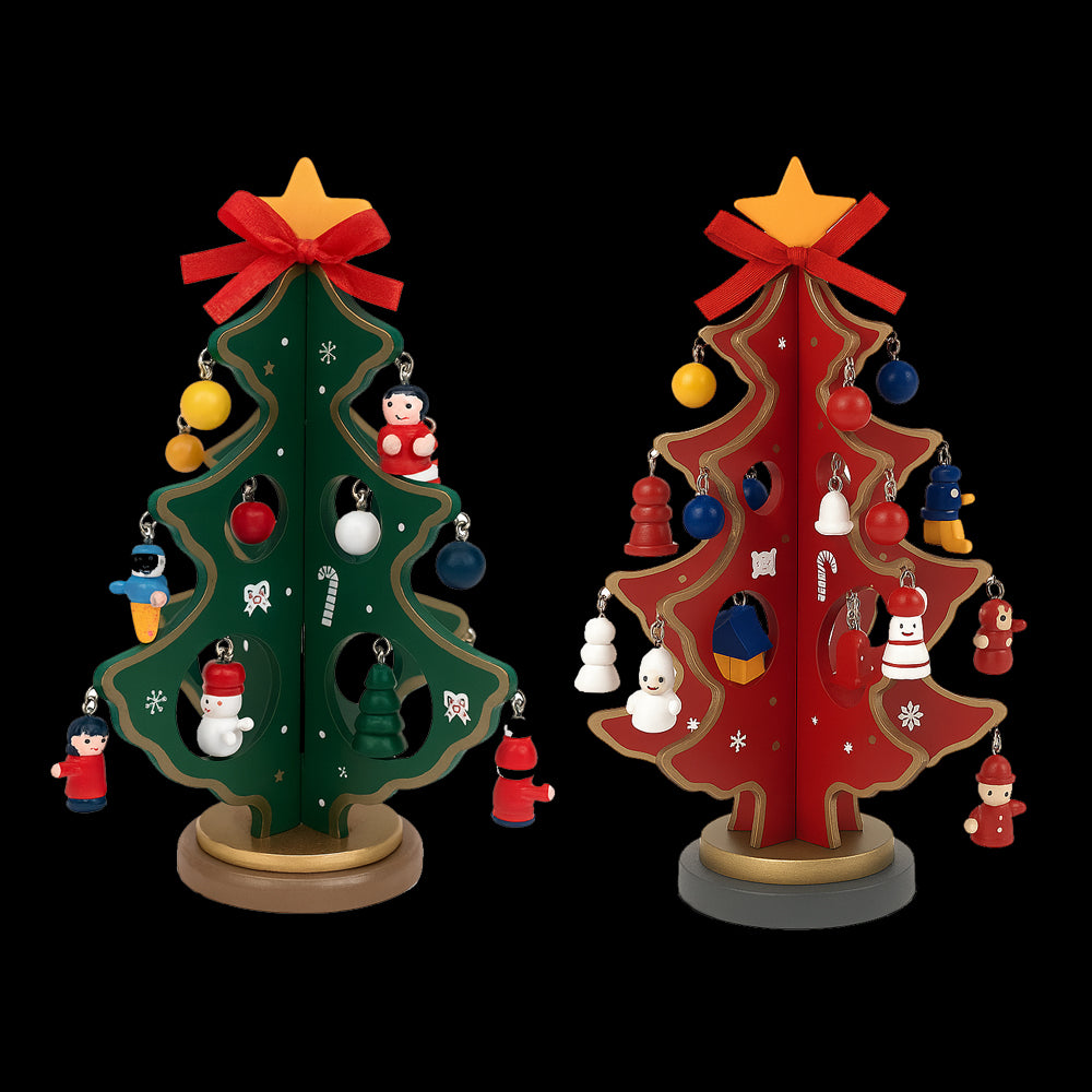 Juletræer m/sløjfe i træ – hver med 20 håndmalede figurer, rød eller grøn (Højde 20,5 cm.)