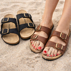 Bio sandaler i læder – med skålet hæl og tågreb - brune eller sorte -