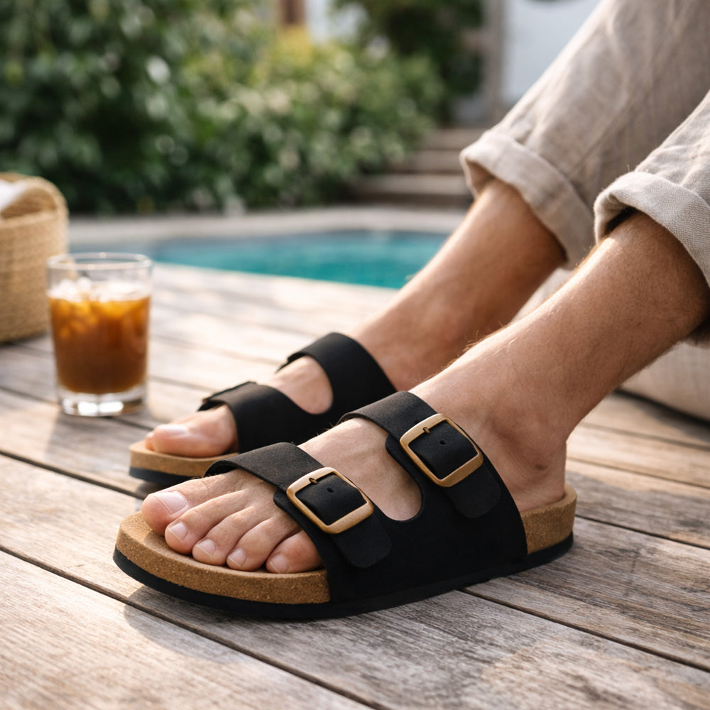 Bio sandaler i læder – med skålet hæl og tågreb - brune eller sorte -