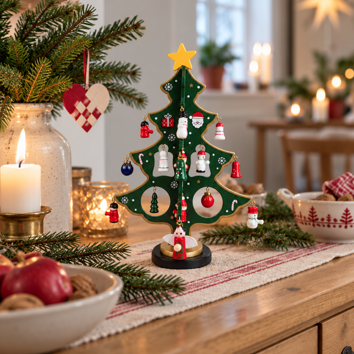 Satana.dk grønt juletræ i træ med 20 håndmalede figurer og gul stjerne på toppen til julebordet