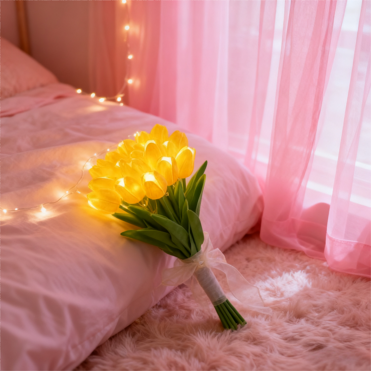 LED Tulipanbuket – 10 Hvide Tulipaner med Varmt Stemningslys