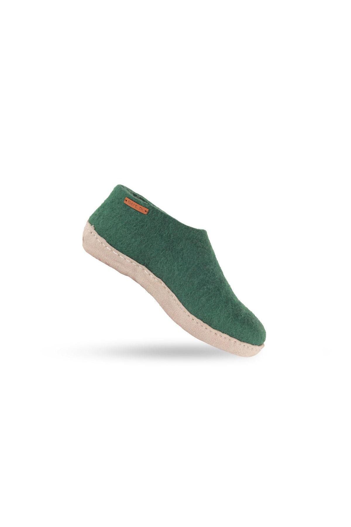 Børne sutsko af uld (100% ren uld) - Model Grøn m/sål i skind - Dansk Design fra SHUS
