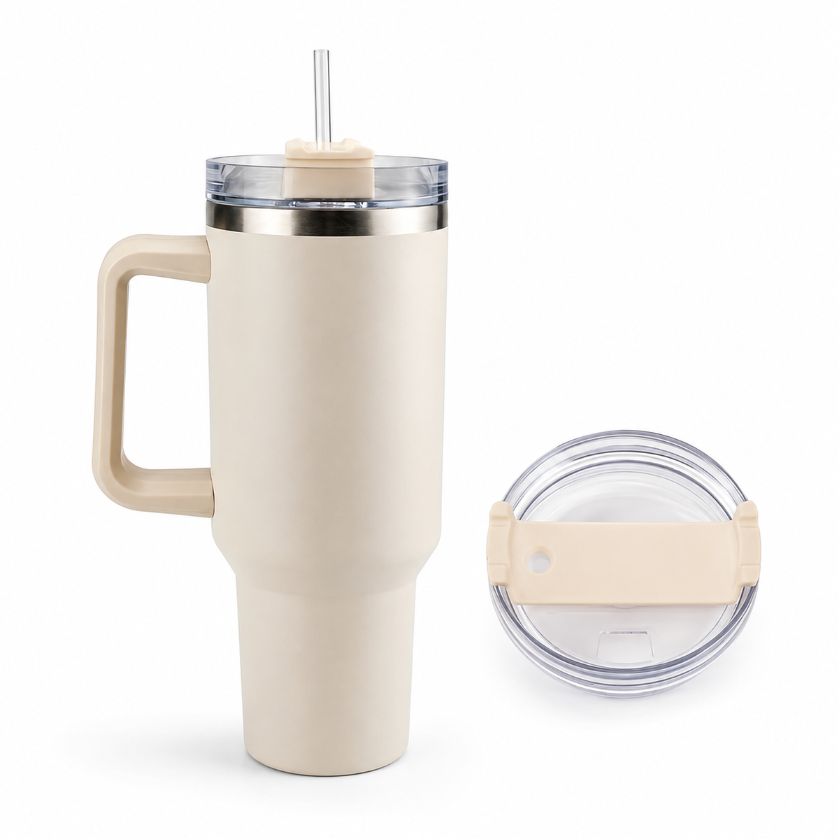 Tumbler termokop 1200 ml med håndtag, låg og sugerør (perfekt til kold/varm drikke)