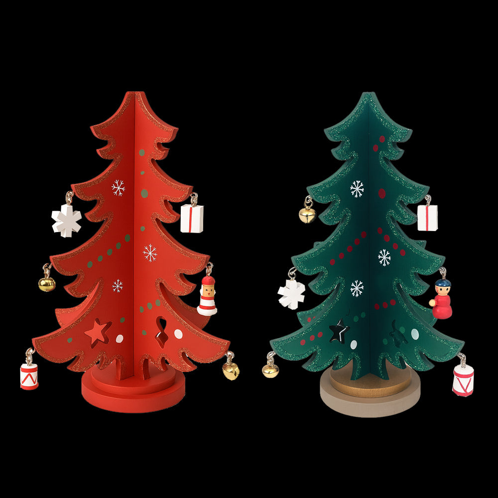 Juletræer i træ – hver med 12 håndmalede figurer, rød eller grøn (Højde 19,5 cm.)