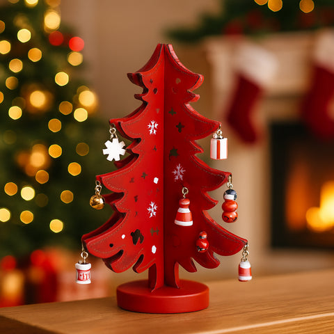 Juletræer i træ – hver med 12 håndmalede figurer, rød eller grøn (Højde 19,5 cm.)