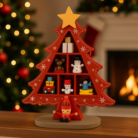 Juletræer i træ – hver med 7 håndmalede figurer, rød eller grøn (Højde 18,5 cm.)