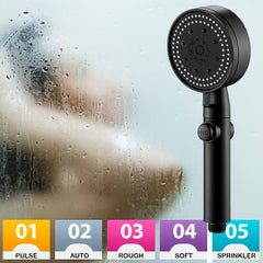 Vandbesparende brusehoved m/5 funktioner (spare op til 40% vand) - sort