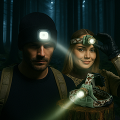 Vinterlys-pakken – Strikhue m. LED + Camouflage Pandelampe