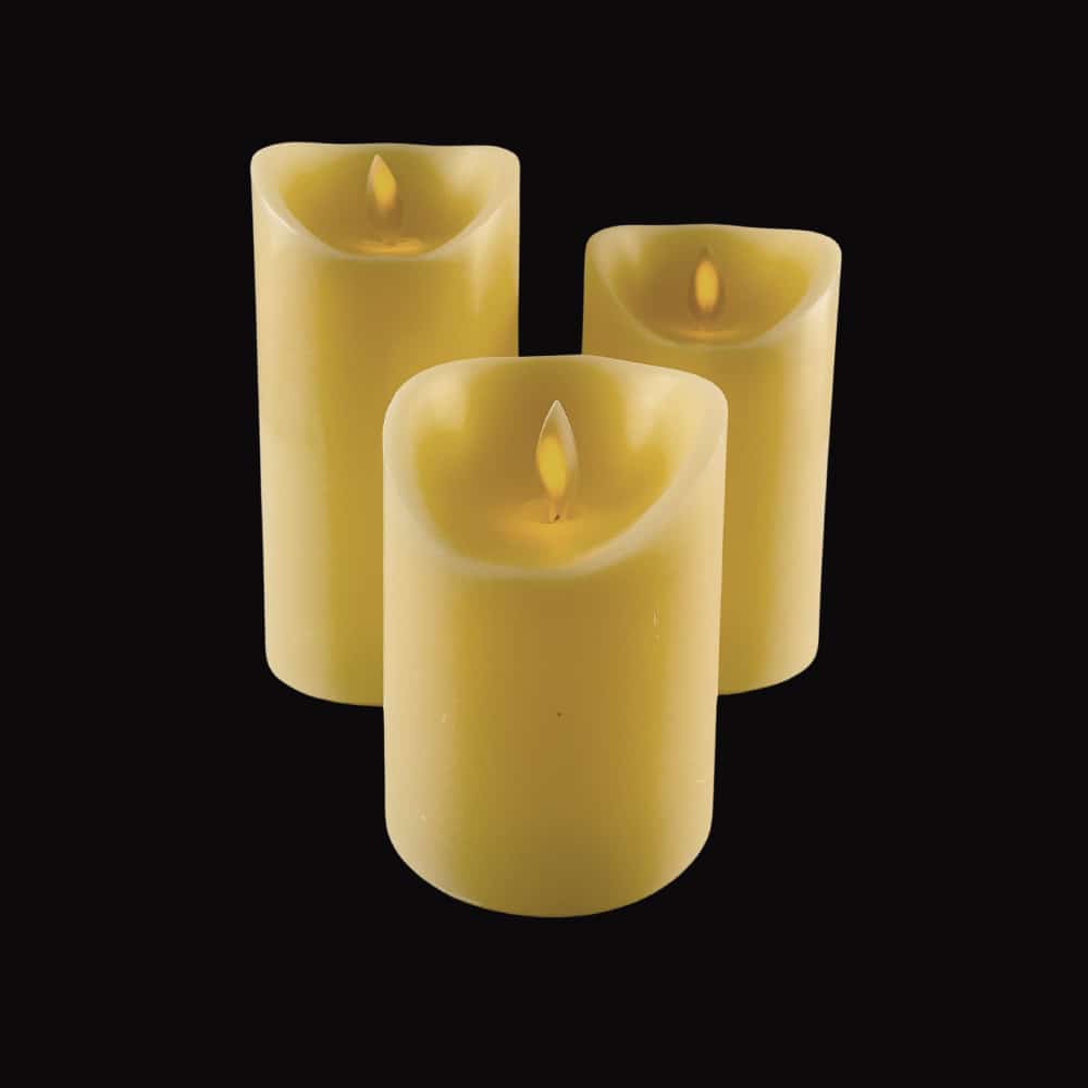 LED blok stearinlys - 3 stk. - 12/15/17 cm - m/3D flamme - (Flere farver)
