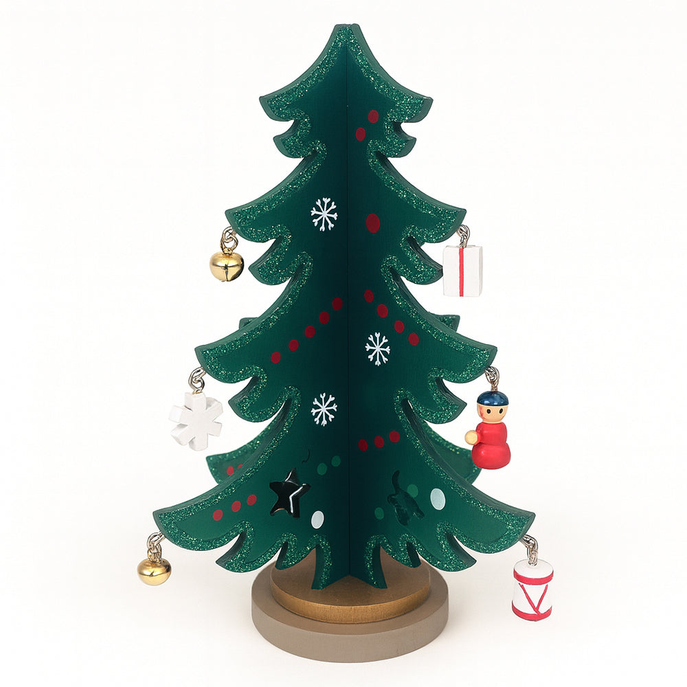 Juletræer i træ – hver med 12 håndmalede figurer, rød eller grøn (Højde 19,5 cm.)