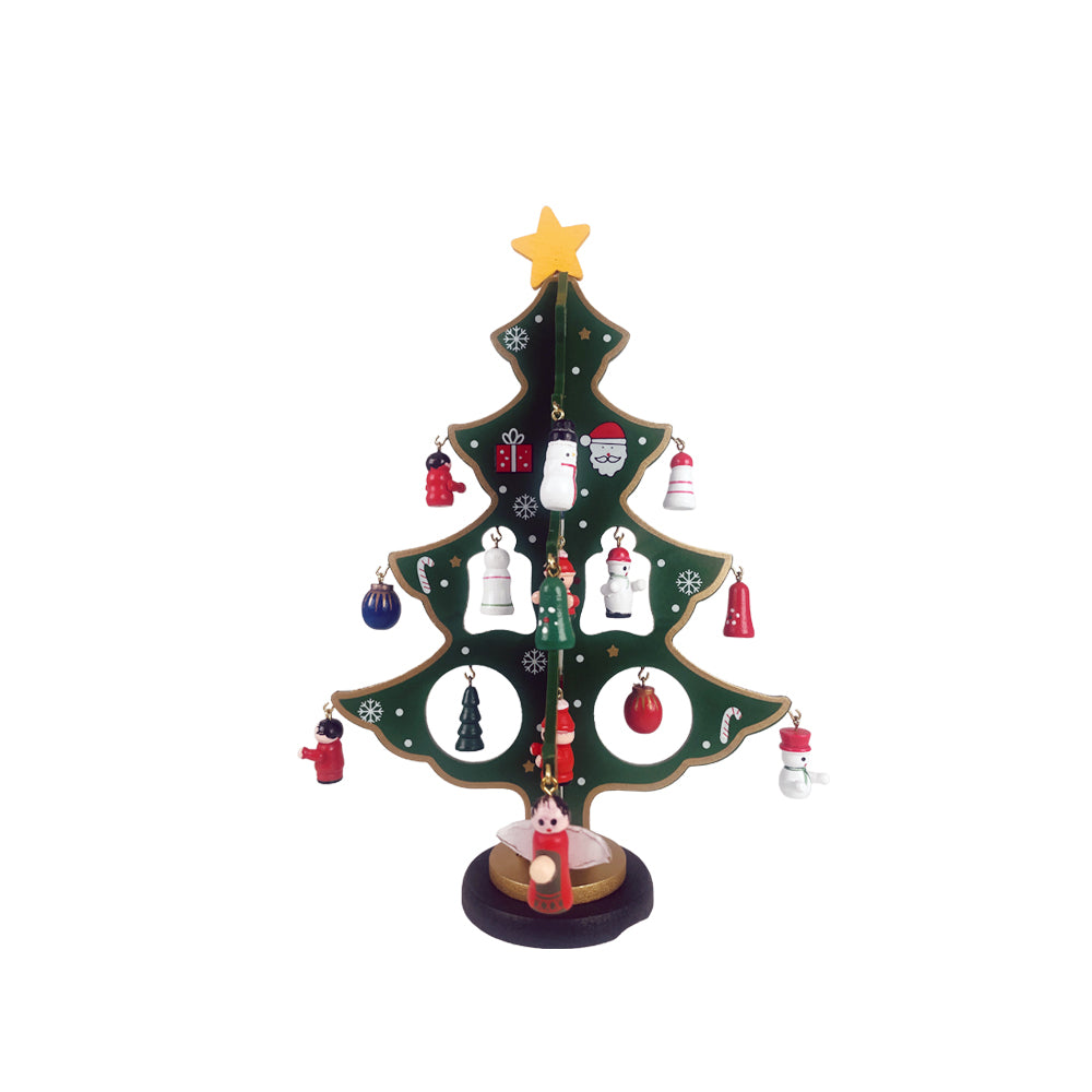 Juletræer i træ – hver med 20 håndmalede figurer, rød eller grøn (Højde 25,5 cm.)