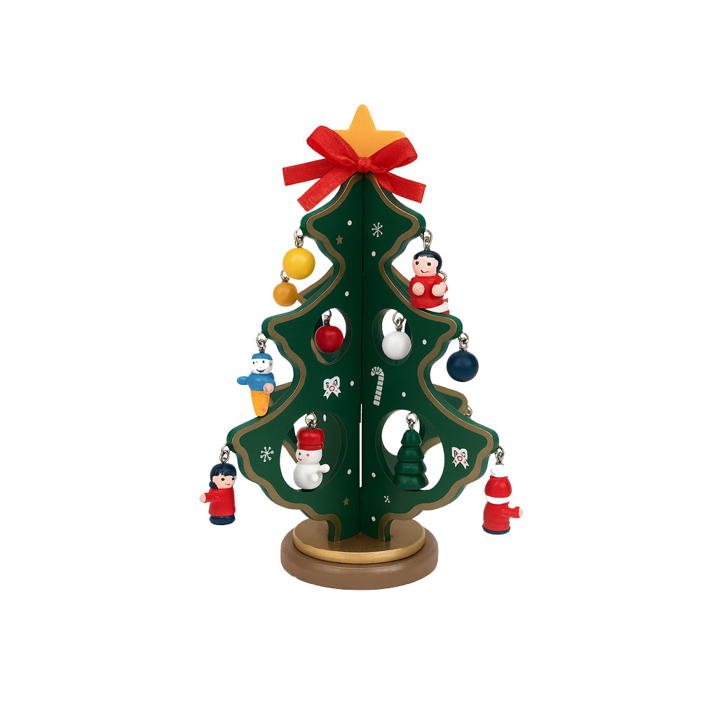 Juletræer m/sløjfe i træ – hver med 20 håndmalede figurer, rød eller grøn (Højde 20,5 cm.)