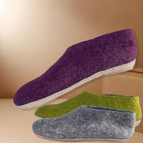 Uldhjemmesko m/sål i skind - lilla, grå, grøn eller sort