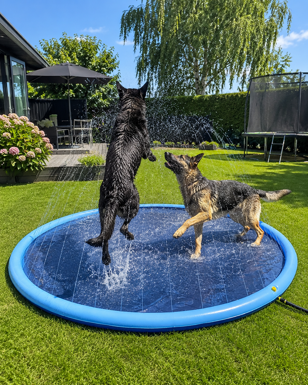Hundepool med vandsprinkler (fås i størrelser til store og små hunde)