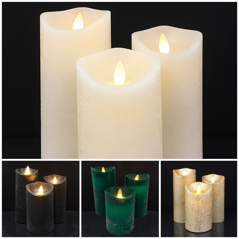 LED blok stearinlys - RUSTIK - 3 stk. - 10/12,5/15 cm - m/3D flamme - (flere farver)