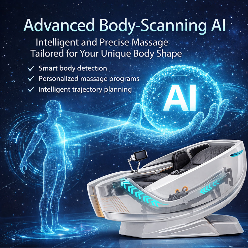 Massagestol 4D kropsscanning, Dual Zone Stretching, 32 airbags, varme i ben/læn & Zero Gravity