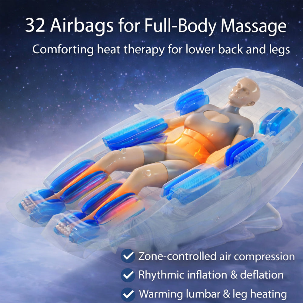 Massagestol 4D kropsscanning, Dual Zone Stretching, 32 airbags, varme i ben/læn & Zero Gravity