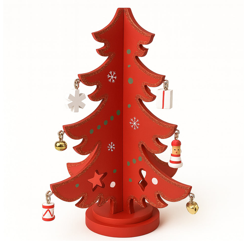 Juletræer i træ – hver med 12 håndmalede figurer, rød eller grøn (Højde 19,5 cm.)