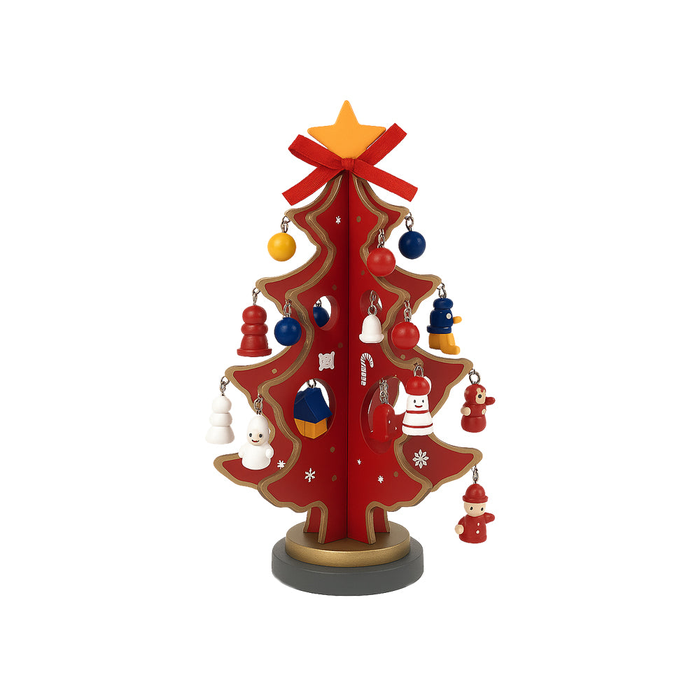 Juletræer m/sløjfe i træ – hver med 20 håndmalede figurer, rød eller grøn (Højde 20,5 cm.)